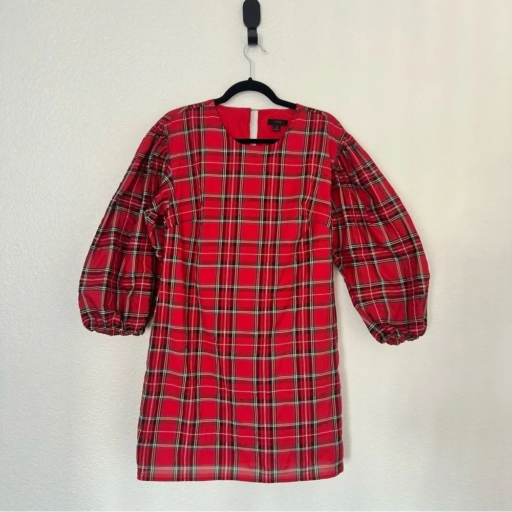 J. Crew Red Plaid Puff Long Sleeve Dress